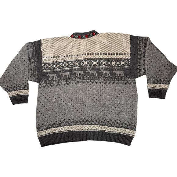 Vintage Nordic Wool Cardigan Sweater Gray Fair Isle Reindeer Pattern XL - Picture 7 of 12